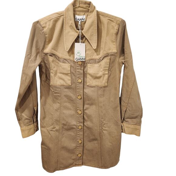 Ganni denim button front khaki dress size 8 - Picture 3 of 6